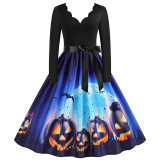 Women Halloween Long Sleeve Pumpkin Horrorable Gost Deep V Floral Collar Cosplay Party Dress