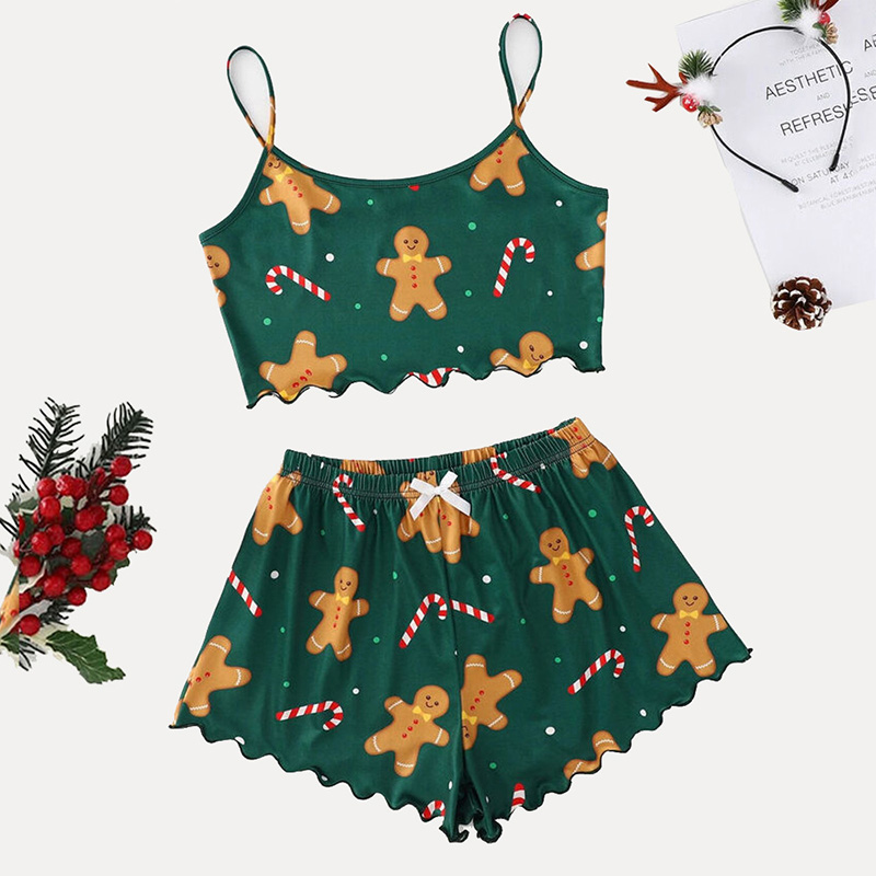 Women Two Pieces Gingerbread Man Cami Crop and Shorts Christmas Sleepwear Set