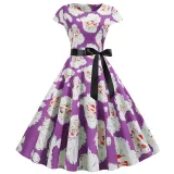 Women Vintage Sleeveless A-line Bowtie Bearded Santa Claus Print Ugly Christmas Dress