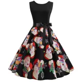 Women Vintage Sleeveless A-line Bowtie Santa Claus Print Ugly Christmas Dress