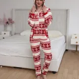 Women Snowflake Reindeer Cotton Flannel Hooded Bodysuit Christams Pajamas
