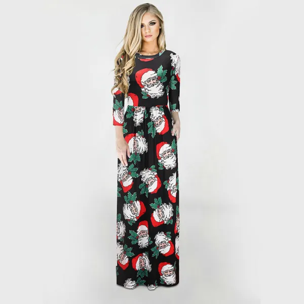 Women Long Sleeve Santa Claus Prints Ugly Maxi Dress