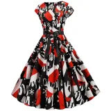 Women Vintage Sleeveless A-line Bowtie HO HO Santa Claus Print Ugly Christmas Dress
