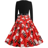 Women Santa Claus Long Sleeve Deep V Floral Collar Christmas Dress