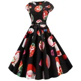 Women Vintage Sleeveless A-line Bowtie HO HO Santa Claus Print Ugly Christmas Dress