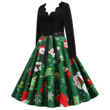 Women Santa Claus Long Sleeve Deep V Floral Collar Christmas Dress