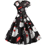Women Vintage Sleeveless A-line Bowtie Santa Claus Snowman Print Ugly Christmas Dress