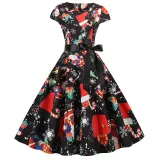 Women Vintage Sleeveless A-line Bowtie Santa Claus Snowman Print Ugly Christmas Dress