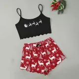 Women Two Pieces Pajamas Santa Snowman Printed Cami Crop and Shorts Christmas Sleepwear Set