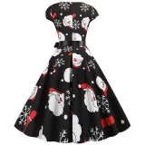 Women Vintage Sleeveless A-line Bowtie Santa Claus Snowman Print Ugly Christmas Dress
