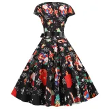 Women Vintage Sleeveless A-line Bowtie Santa Claus Snowman Print Ugly Christmas Dress