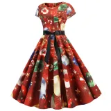 Women Vintage Sleeveless A-line Bowtie Santa Claus Snowman Print Ugly Christmas Dress