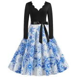 Women Santa Claus Long Sleeve Deep V Floral Collar Christmas Dress