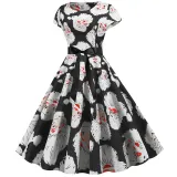 Women Vintage Sleeveless A-line Bowtie Bearded Santa Claus Print Ugly Christmas Dress