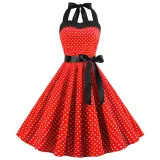 Women Holiday Polka Dot A-line Bow Tie Halter Dress