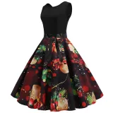 Women Vintage Sleeveless A-line Bowtie Santa Claus Print Ugly Christmas Dress