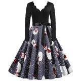 Women Santa Claus Long Sleeve Deep V Floral Collar Christmas Dress