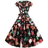 Women Vintage Sleeveless A-line Bowtie HO HO Santa Claus Print Ugly Christmas Dress