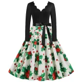 Women Santa Claus Long Sleeve Deep V Floral Collar Christmas Dress