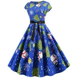 Women Vintage Sleeveless A-line Bowtie HO HO Santa Claus Print Ugly Christmas Dress