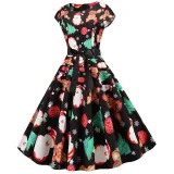 Women Vintage Sleeveless A-line Bowtie HO HO Santa Claus Print Ugly Christmas Dress