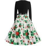 Women Santa Claus Long Sleeve Deep V Floral Collar Christmas Dress