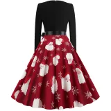 Women Santa Claus Long Sleeve Deep V Floral Collar Christmas Dress