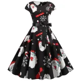 Women Vintage Sleeveless A-line Bowtie Santa Claus Snowman Print Ugly Christmas Dress