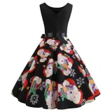 Women Vintage Sleeveless A-line Bowtie Santa Claus Print Ugly Christmas Dress