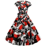 Women Vintage Sleeveless A-line Bowtie HO HO Santa Claus Print Ugly Christmas Dress