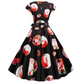 Women Vintage Sleeveless A-line Bowtie HO HO Santa Claus Print Ugly Christmas Dress