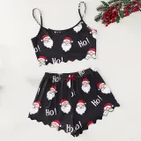 Women Two Pieces Pajamas Santa Snowman Printed Cami Crop and Shorts Christmas Sleepwear Set