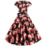 Women Vintage Sleeveless A-line Bowtie HO HO Santa Claus Print Ugly Christmas Dress