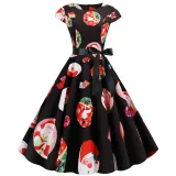 Women Vintage Sleeveless A-line Bowtie HO HO Santa Claus Print Ugly Christmas Dress