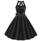 Women Holiday Polka Dot A-line Bow Tie Halter Dress