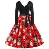 Women Santa Claus Long Sleeve Deep V Floral Collar Christmas Dress