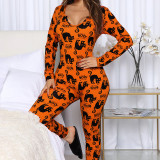 Women Halloween Terror Spider Cat Printed V-Neck Homewear Jumpsuit Cosplay