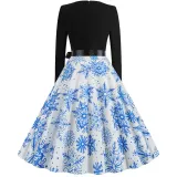 Women Santa Claus Long Sleeve Deep V Floral Collar Christmas Dress