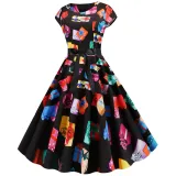 Women Vintage Sleeveless A-line Bowtie HO HO Santa Claus Print Ugly Christmas Dress
