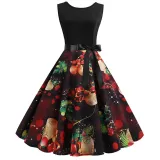 Women Vintage Sleeveless A-line Bowtie Santa Claus Print Ugly Christmas Dress