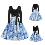 Women Santa Claus Long Sleeve Deep V Floral Collar Christmas Dress