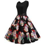 Women Vintage Sleeveless A-line Bowtie Santa Claus Print Ugly Christmas Dress