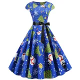 Women Vintage Sleeveless A-line Bowtie HO HO Santa Claus Print Ugly Christmas Dress