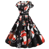 Women Vintage Sleeveless A-line Bowtie Santa Claus Snowman Print Ugly Christmas Dress
