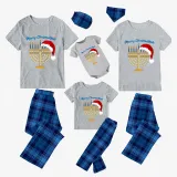 Christmas Matching Family Pajamas Happy Hanukkah Christmas Hat Candlestick Blue Short Pajamas Set