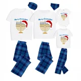 Christmas Matching Family Pajamas Happy Hanukkah Christmas Hat Candlestick Blue Short Pajamas Set