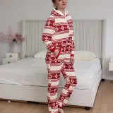 Women Snowflake Reindeer Cotton Flannel Hooded Bodysuit Christams Pajamas