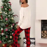 Women Two Pieces Homewear One Shoulder Long Sleeve Tops and Plaid Pants Christams Pajamas