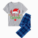 Christmas Matching Family Pajamas Red Hat Merry Christmas Deer Blue Short Pajamas Set