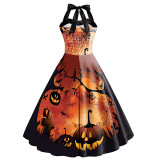 Women Halloween Halter Sleeveless A-line Pumpkin Ghost Cosplay Dress